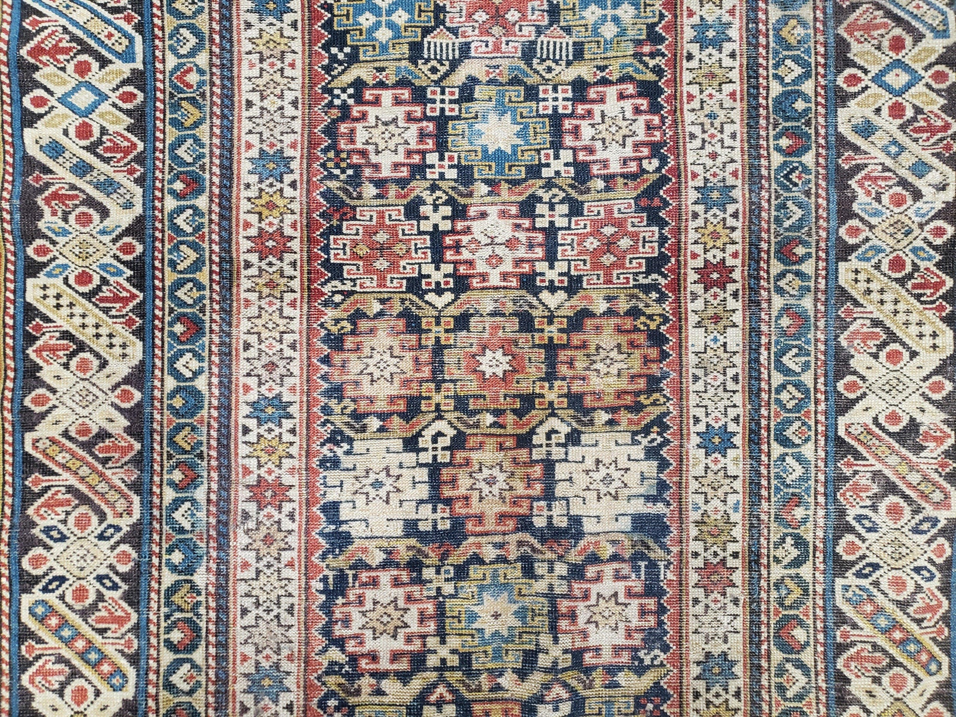 Caucasian Rug 3'9" x 5'7", Antique 1920s Collectible Caucasian Chi Chi Carpet, Hand Knotted, Colorful, Dark Blue Cream Red, Wool, Small Rug - Nuvé