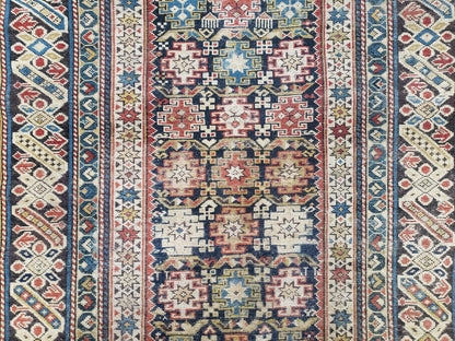 Caucasian Rug 3'9" x 5'7", Antique 1920s Collectible Caucasian Chi Chi Carpet, Hand Knotted, Colorful, Dark Blue Cream Red, Wool, Small Rug - Nuvé