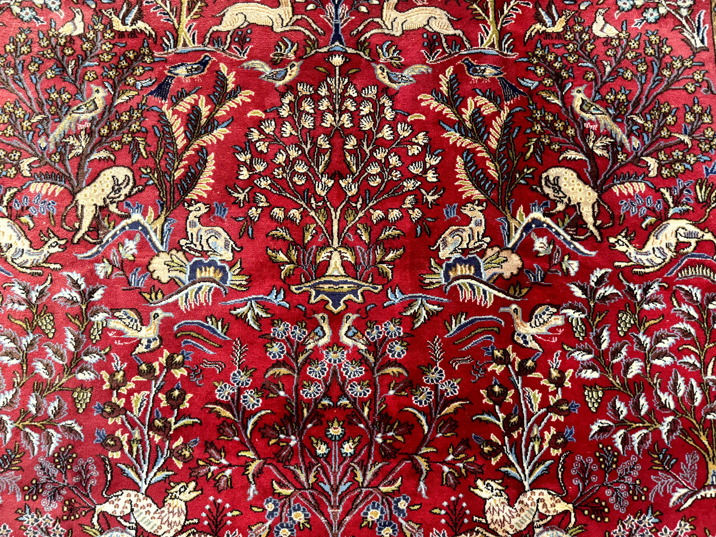 Persian Qum Rug 9x12, Animal Pictorials, Deer Birds, Tree of Life, Red and Navy Blue - Nuvé