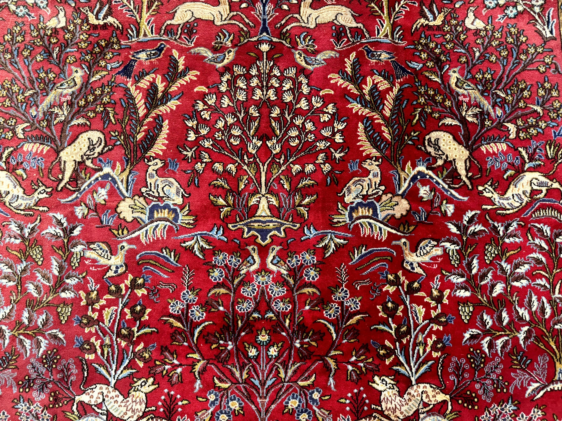 Persian Qum Rug 9x12, Animal Pictorials, Deer Birds, Tree of Life, Red and Navy Blue - Nuvé