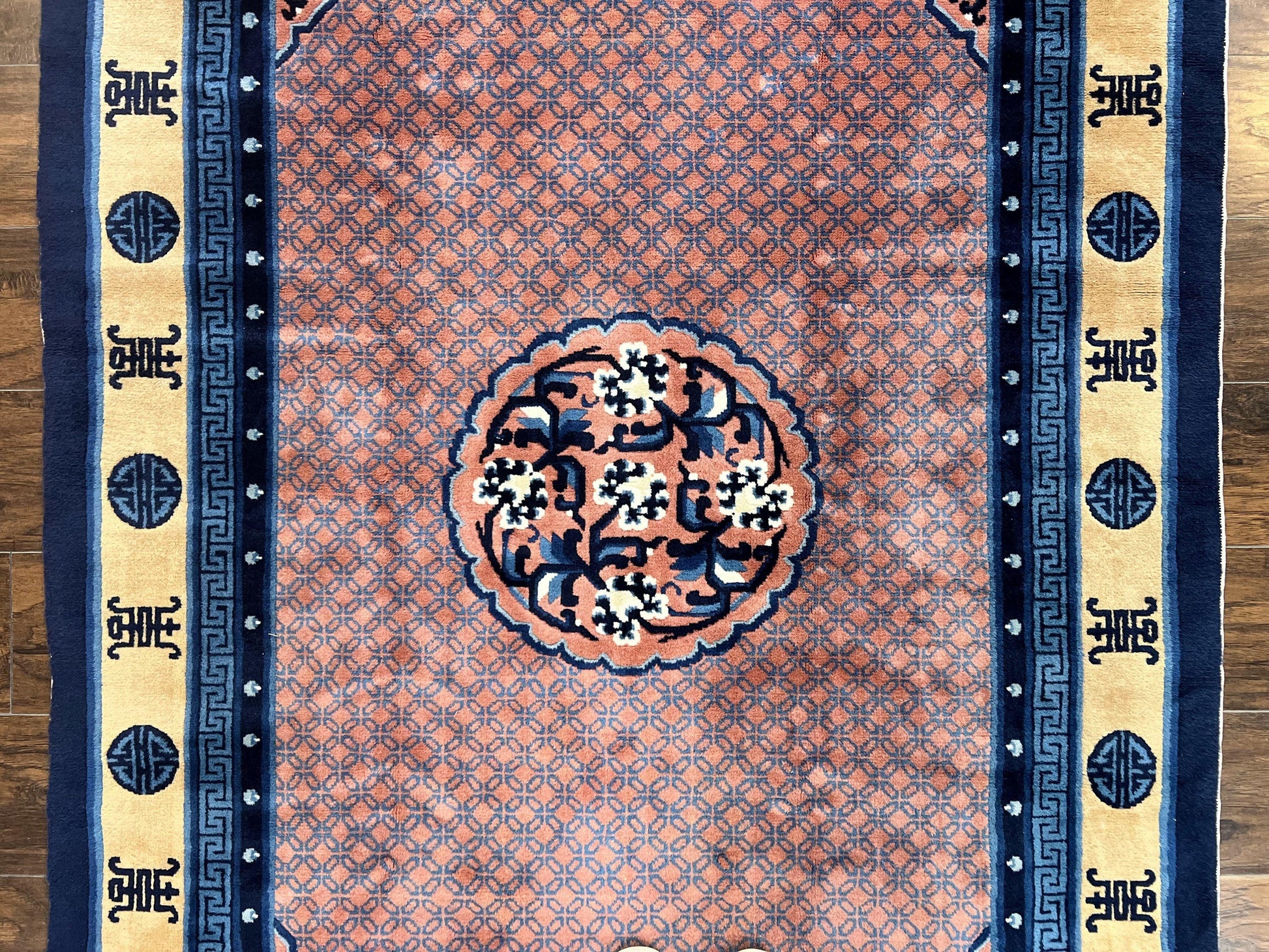 Chinese Peking Rug 5x8, Vintage Semi Antique Chinese Art Deco Carpet, Wool Pile Light Red/Salmon Gold Navy Blue, Handmade Asian Oriental Rug - Nuvé