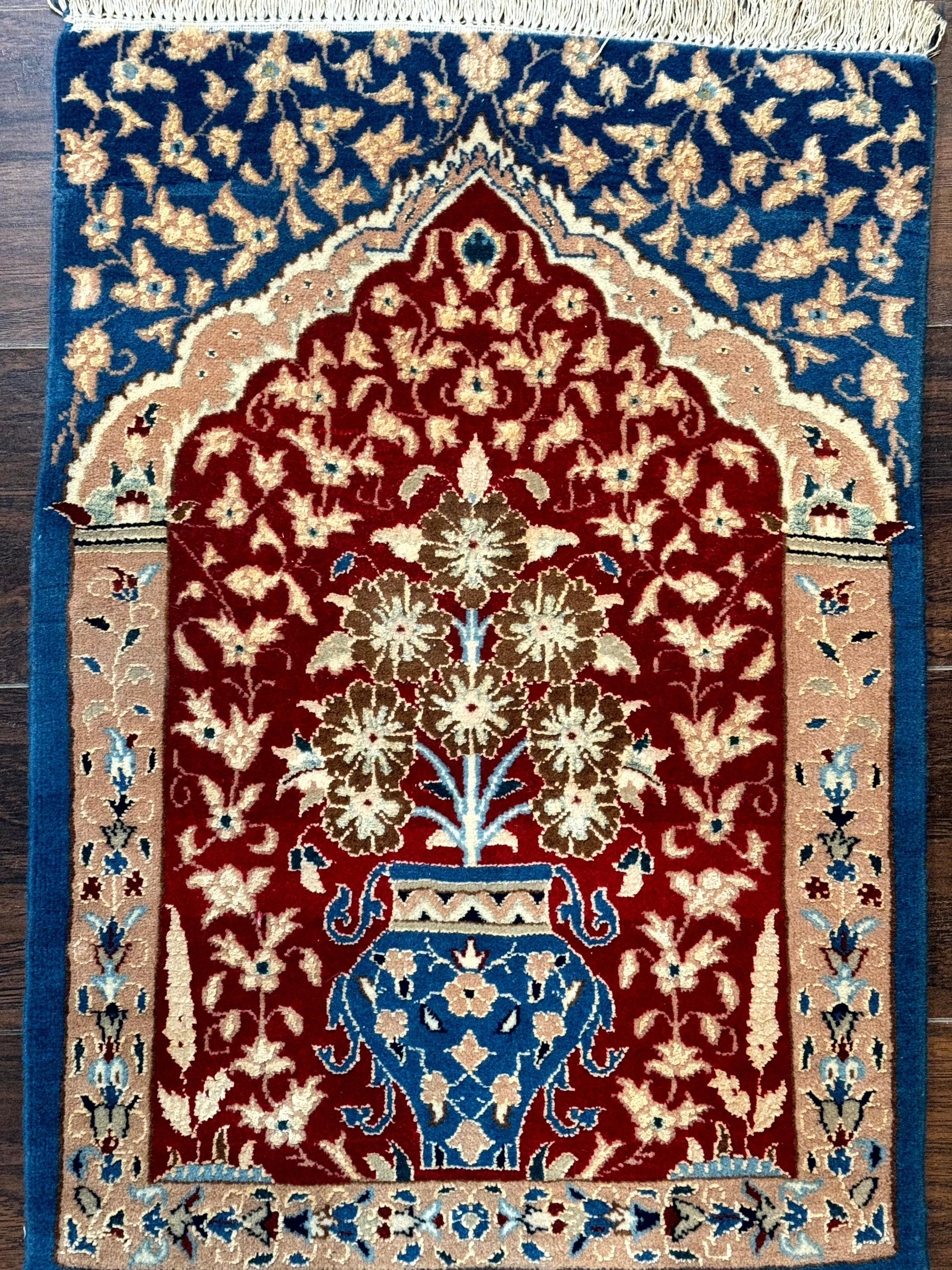 Small Persian Nain Rug, Persian Vase Tree of Life Design, Red and Blue, Very Fine 260 KPSI, Wool and Silk Highlights - Nuvé