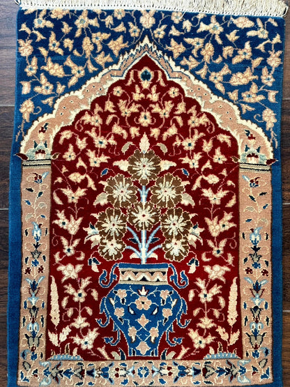 Small Persian Nain Rug, Persian Vase Tree of Life Design, Red and Blue, Very Fine 260 KPSI, Wool and Silk Highlights - Nuvé