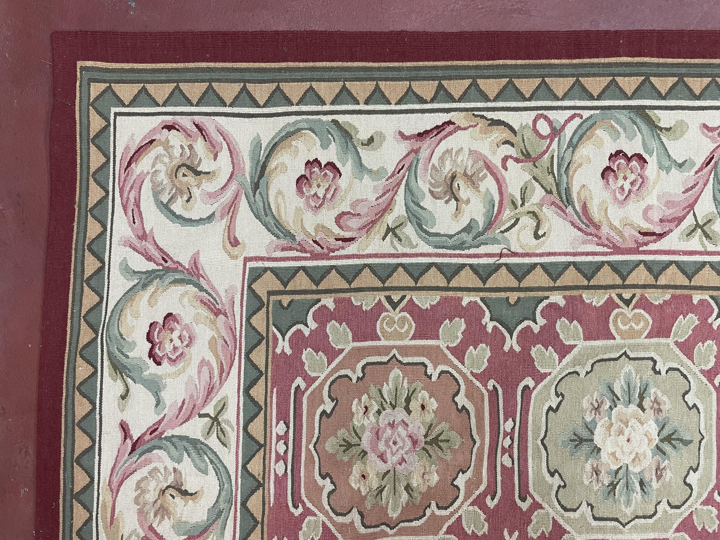 9x9 Square Rug Hand Knotted, Needlepoint Aubusson Carpet, Blush Red, Beige, Green, New, Mint Condition Area Rug, English European Design - Nuvé