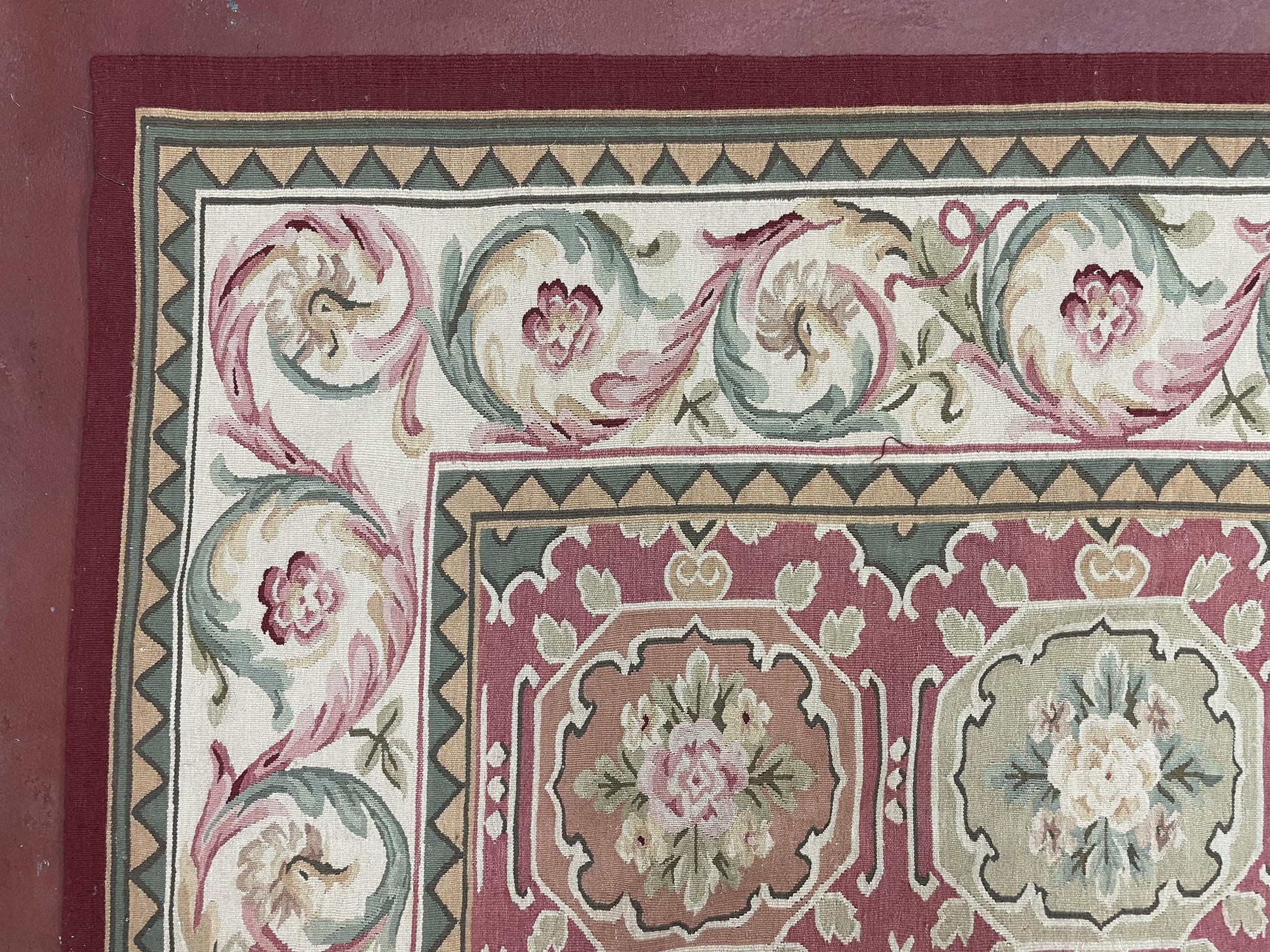 9x9 Square Rug Hand Knotted, Needlepoint Aubusson Carpet, Blush Red, Beige, Green, New, Mint Condition Area Rug, English European Design - Nuvé
