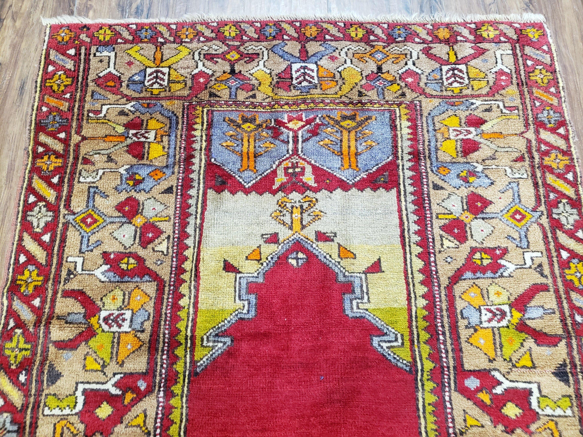 Antique Turkish Prayer Rug 3.8 x 5ft, Colorful Prayer Rug, Red Blue Gold Multicolor Turkish Anatolian Carpet, Handmade Hand-Knotted, Wool - Nuvé