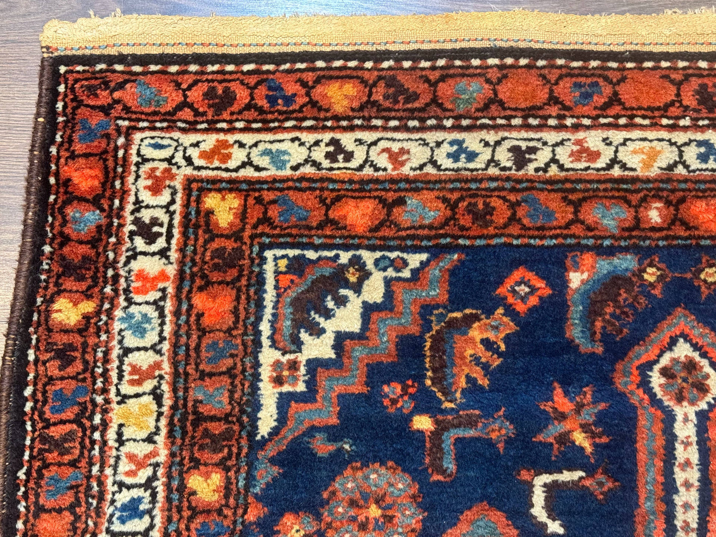 Antique Persian Hamadan Rug 4x6, Geometric, Double Medallions, Navy Blue, Tribal Carpet - Nuvé