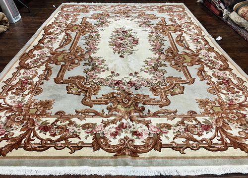 Aubusson Rug 10x13, Cream and Light Mint Green Hand Knotted Handmade French Savonnerie European Carpet, Wool Pile, Large Room Sized Vintage - Nuvé