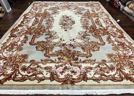 Aubusson Rug 10x13, Cream and Light Mint Green Hand Knotted Handmade French Savonnerie European Carpet, Wool Pile, Large Room Sized Vintage - Nuvé