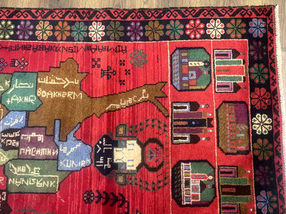 Afghan Rug 3x7, Map of Afghanistan, War Rug, Tribal Rug, Balouch Rug, New, Red - Nuvé