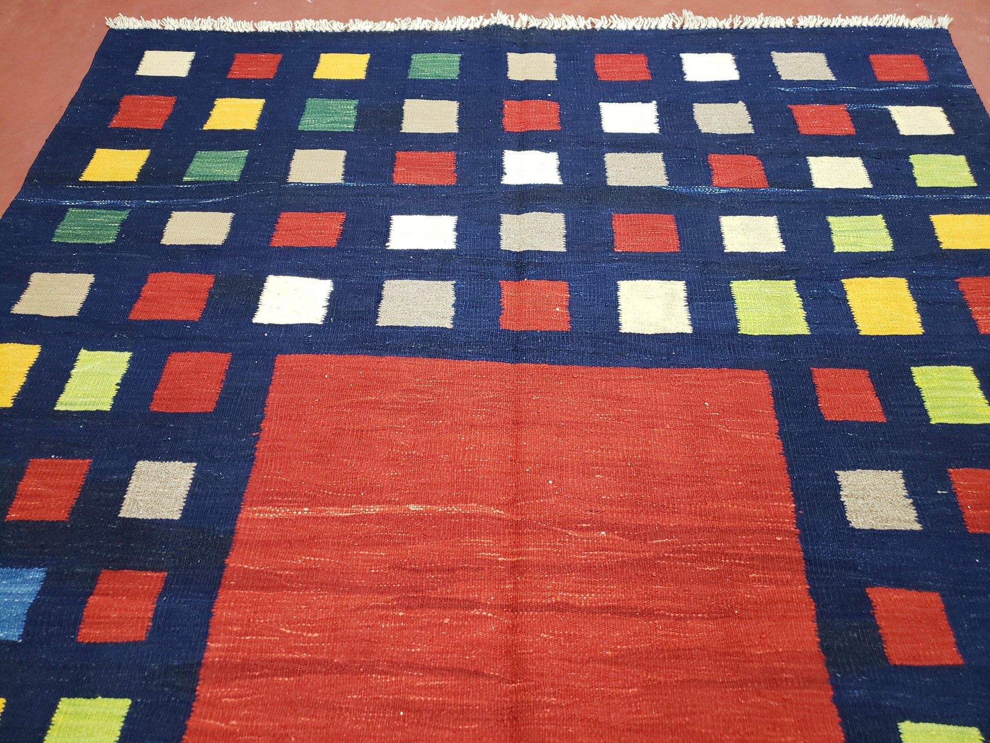 Turkish Kilim Rug 5x7 - 6x8, Checkerboard Kilim Carpet, Area Rug, New Playroom Rug, Colorful Multicolor Rug for Nursery Room, Dark Blue Red - Nuvé