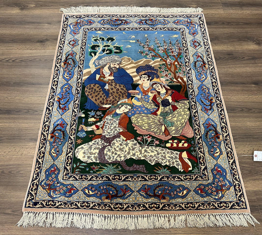 Fine Persian Isfahan Pictorial Rug 3.7 x 5, Kork Wool on Silk Foundation, Blue Persian Carpet, Hand Knotted, Humans Birds, High KPSI, Semi Antique - Nuvé