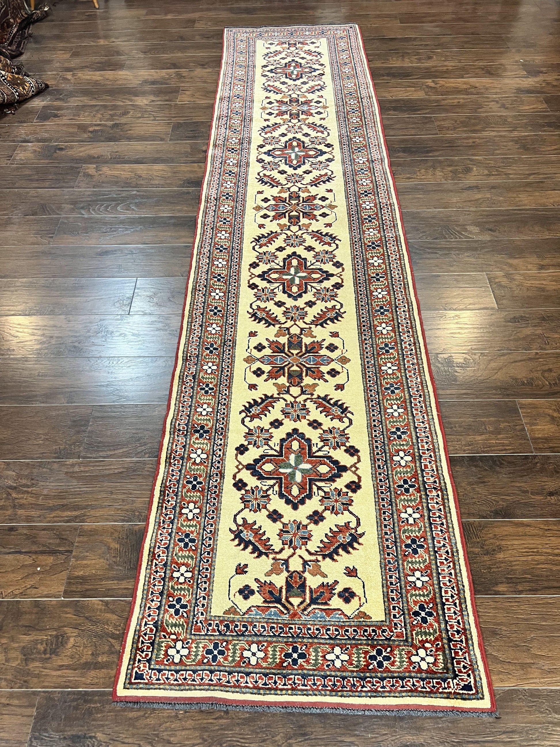 Afghan Heriz Runner Rug 2.9 x 12, Vintage Hand Knotted Persian Carpet for Hallway, 12ft Runner, Wool, Cream - Nuvé