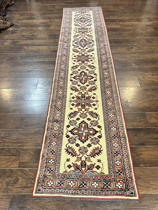 Afghan Heriz Runner Rug 2.9 x 12, Vintage Hand Knotted Persian Carpet for Hallway, 12ft Runner, Wool, Cream - Nuvé