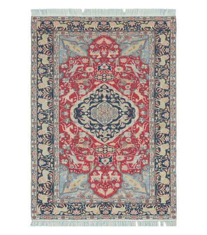 Antique Silk Turkish Kayseri Rug 4.5 x 6.7, Animal Pictorials Lions Deer Floral Medallion, Red Light Blue Navy, Hand Knotted Oriental Carpet