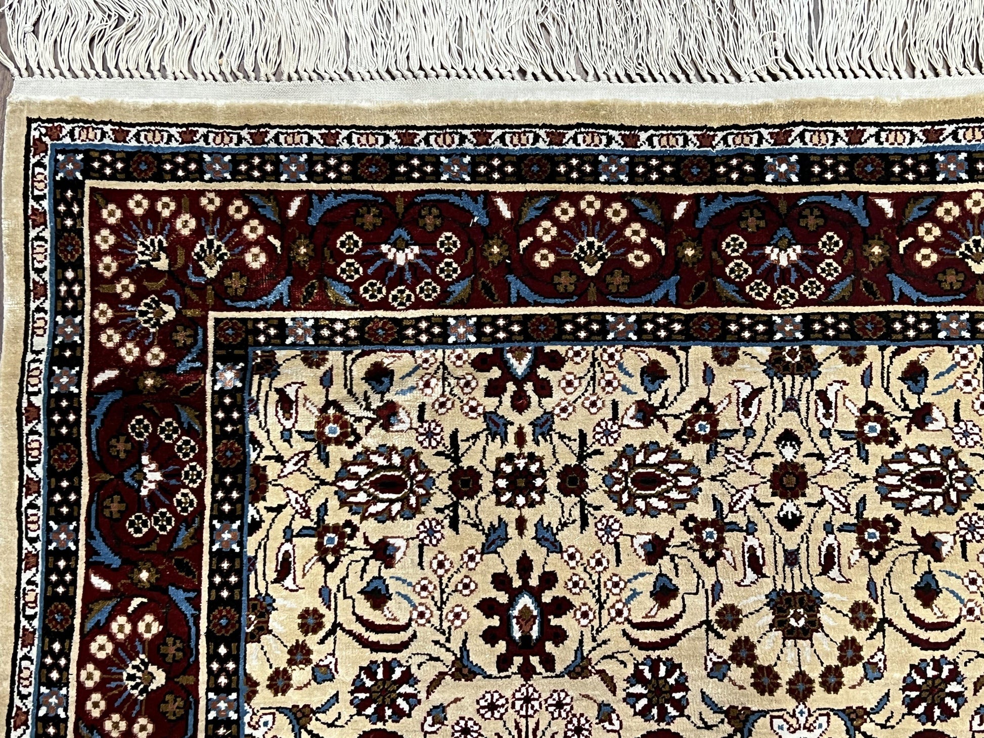Fine Sino-Persian Silk Rug 3x5, High Quality Silk Carpet, Handmade Small Silk Rug, Allover Repeated Motif, Tan Maroon Blue Vintage Silk Rug - Nuvé