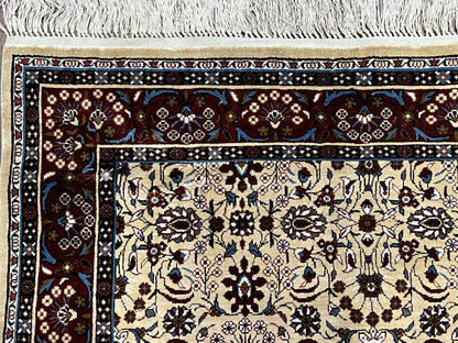 Fine Sino-Persian Silk Rug 3x5, High Quality Silk Carpet, Handmade Small Silk Rug, Allover Repeated Motif, Tan Maroon Blue Vintage Silk Rug - Nuvé