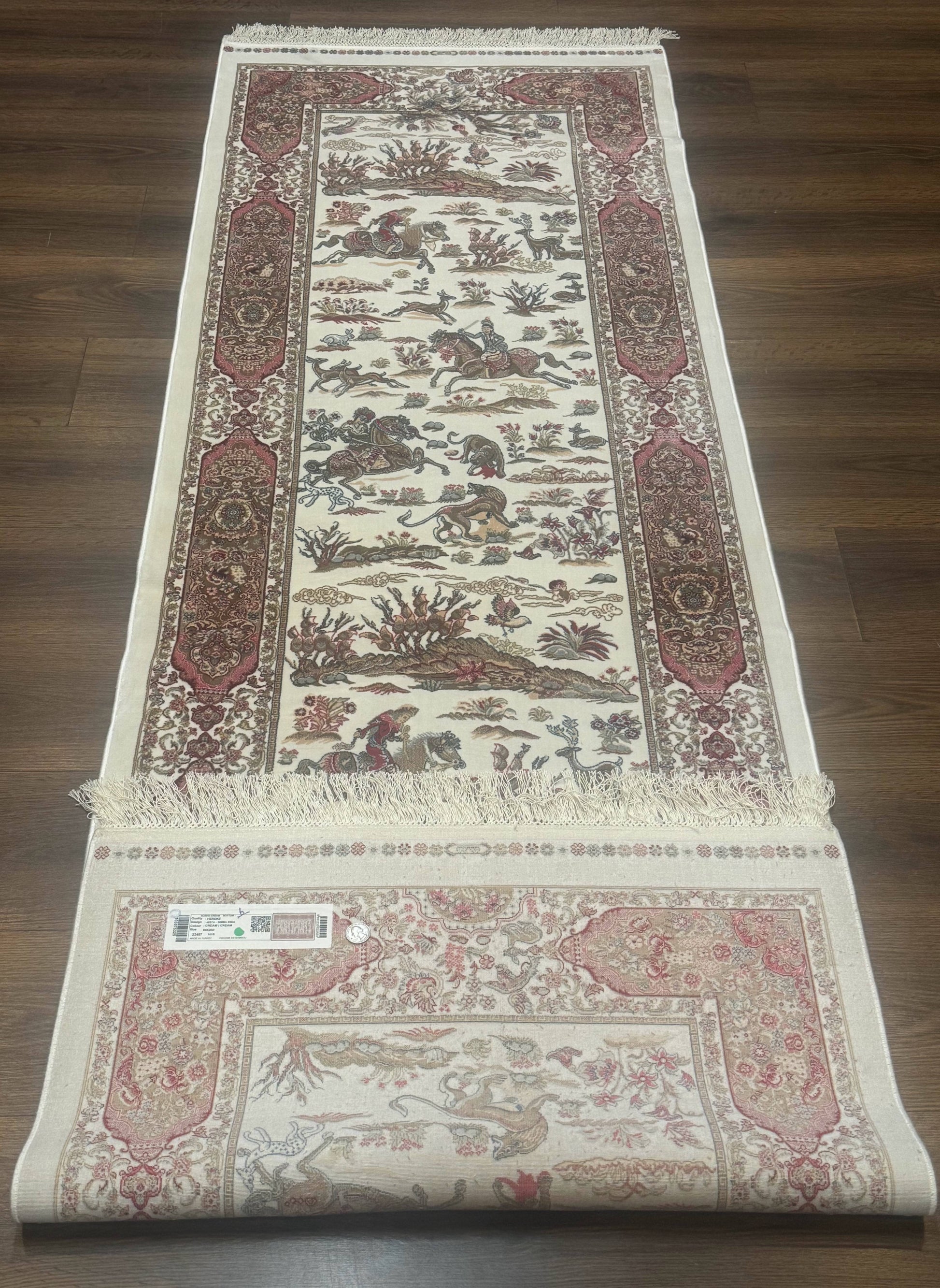 Turkish Silk Runner Rug 2.6 x 8, Hunting Design, Ivory, Bamboo Silk, New - Nuvé