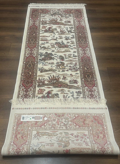 Turkish Silk Runner Rug 2.6 x 8, Hunting Design, Ivory, Bamboo Silk, New - Nuvé