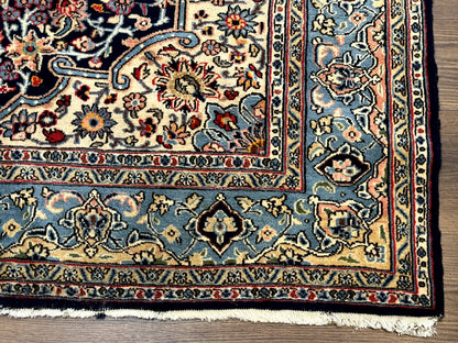 Persian Qum Rug 5x7 in Navy Light Blue and Ivory, Wool wilh Silk Highlights, 225 KPSI - Nuvé