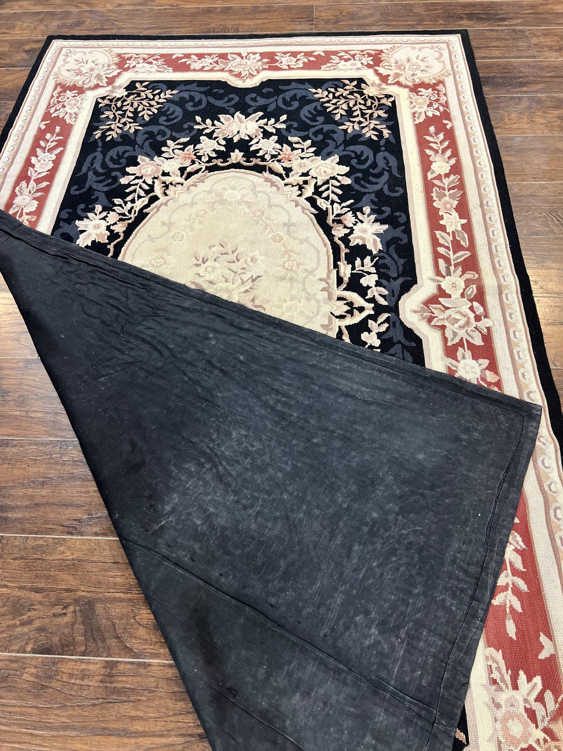 Needlepoint Rug 5x8, Wool Handmade Vintage European Design Carpet, Black & Maroon, French Aubusson Pattern Flatweave Rug - Nuvé