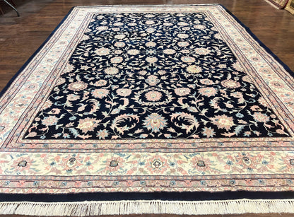 Indo Persian Rug 9x12, Navy Blue and Ivory/Cream, Floral Allover, Wool Vintage Handmade Carpet - Nuvé