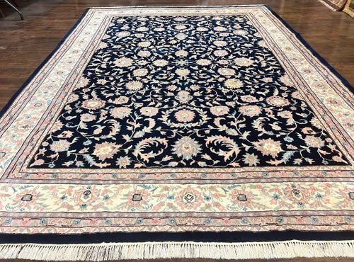 Indo Persian Rug 9x12, Navy Blue and Ivory/Cream, Floral Allover, Wool Vintage Handmade Carpet - Nuvé