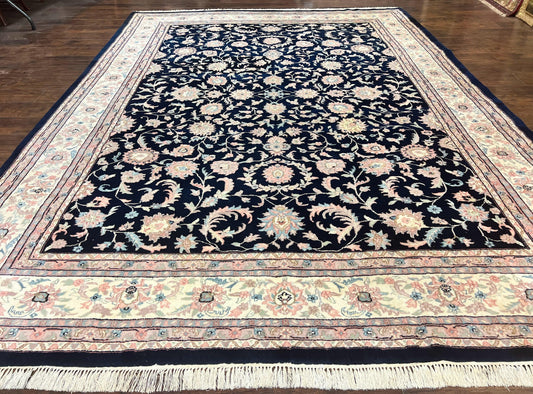 Indo Persian Rug 9x12, Navy Blue and Ivory/Cream, Floral Allover, Wool Vintage Handmade Carpet - Nuvé