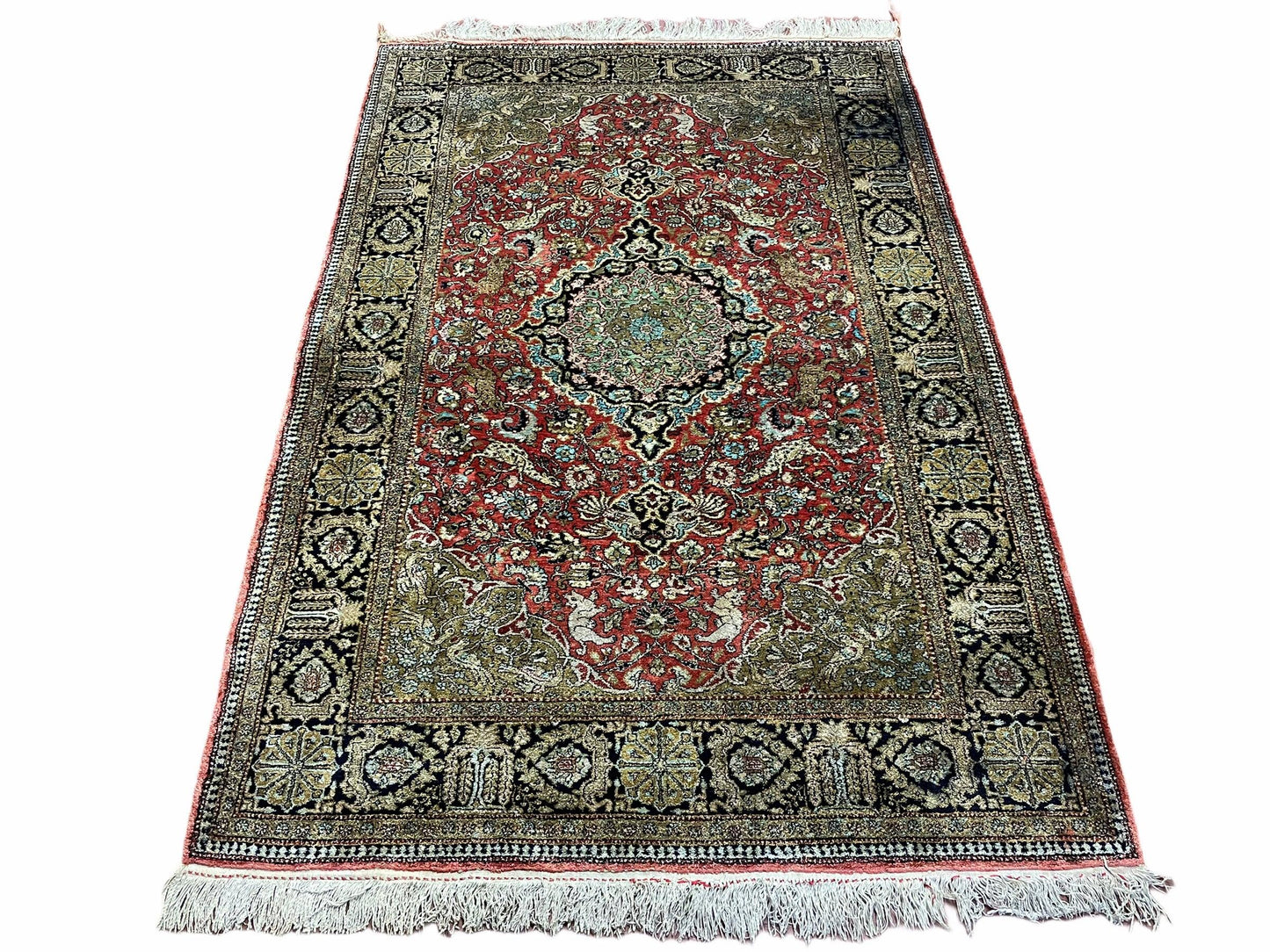 Persian Qum Silk Rug 3.8 x 5.6, Silk on Silk, Animal Pictorials, Fine 330 KPSI - Nuvé