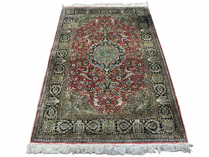 Persian Qum Silk Rug 3.8 x 5.6, Silk on Silk, Animal Pictorials, Fine 330 KPSI - Nuvé