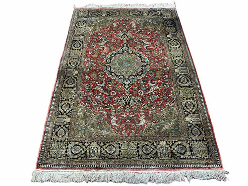 Persian Qum Silk Rug 3.8 x 5.6, Silk on Silk, Animal Pictorials, Fine 330 KPSI - Nuvé