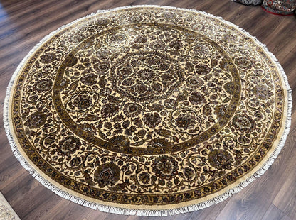 Round Indo Persian Rug 8x8 ft, Large Hand Knotted Vintage Wool Circular Carpet, 8ft Round Oriental Rug, Floral Medallion, Cream and Green - Nuvé