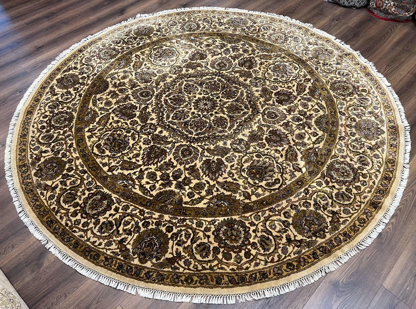 Round Indo Persian Rug 8x8 ft, Large Hand Knotted Vintage Wool Circular Carpet, 8ft Round Oriental Rug, Floral Medallion, Cream and Green