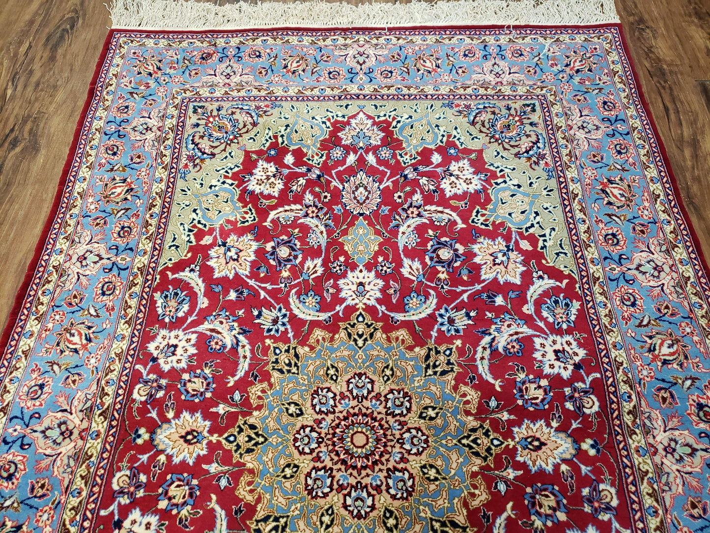 Semi Antique Persian Isfahan Rug, Kork Wool on Silk Foundation, Red & Blue, Top Quality, 3'6" x 5' 6" - Nuvé