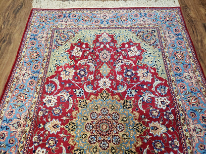 Semi Antique Persian Isfahan Rug, Kork Wool on Silk Foundation, Red & Blue, Top Quality, 3'6" x 5' 6" - Nuvé