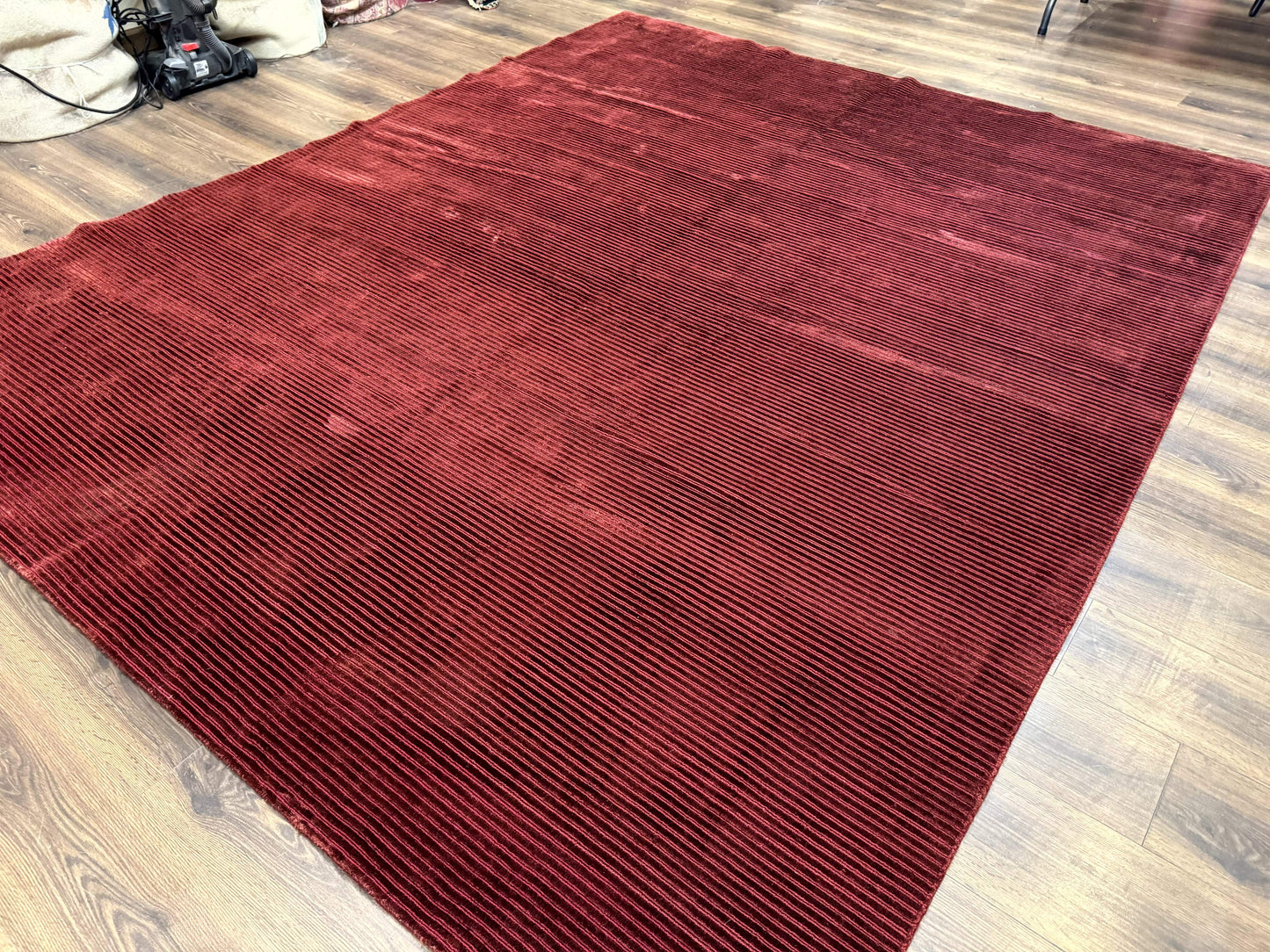 Modern Tibetan Rug 8x10, Red, Stripes, Handmade Wool Thick Pile Carpet - Nuvé