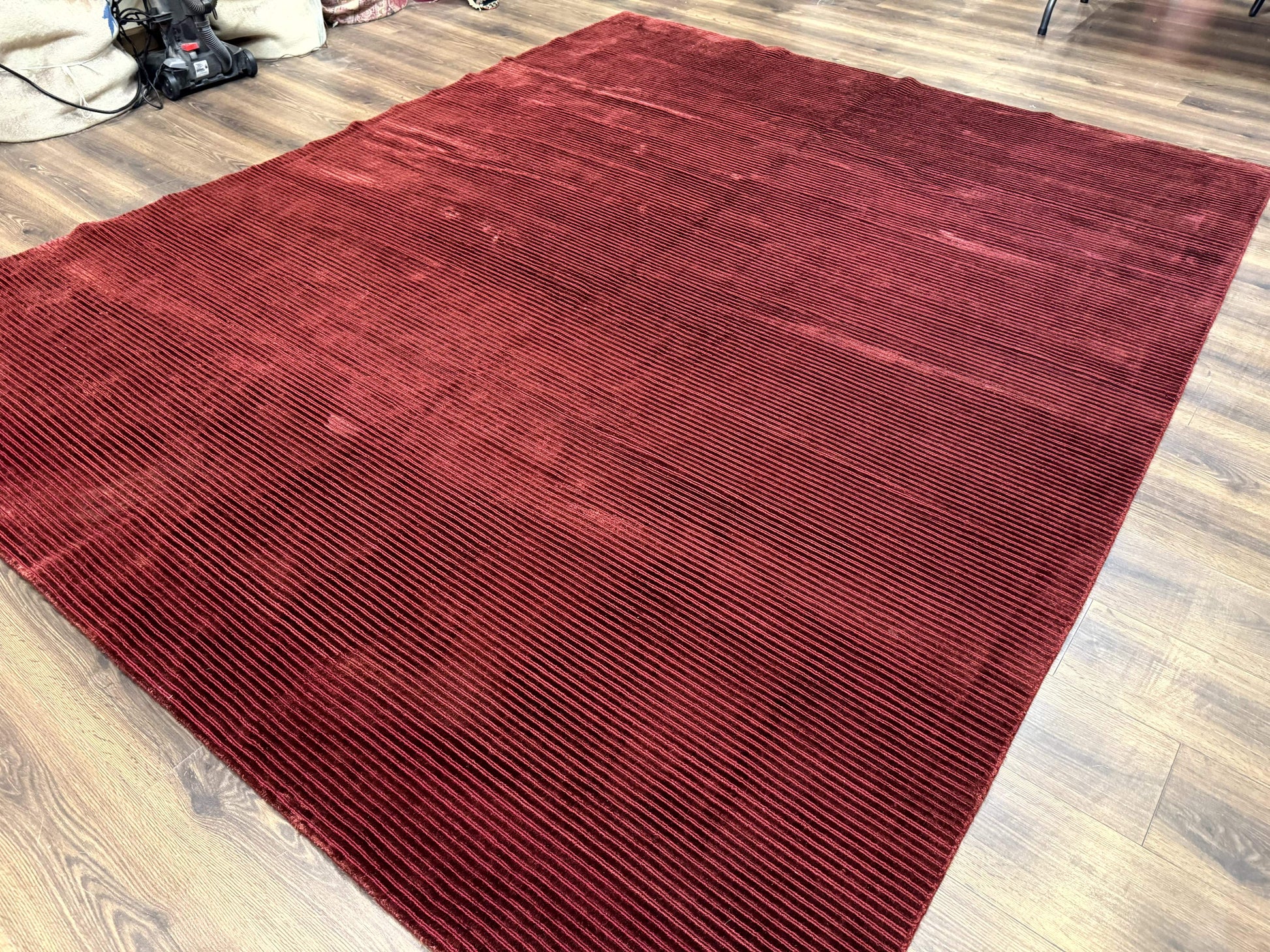 Modern Tibetan Rug 8x10, Red, Stripes, Handmade Wool Thick Pile Carpet - Nuvé