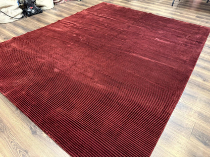 Modern Tibetan Rug 8x10, Red, Stripes, Handmade Wool Thick Pile Carpet - Nuvé