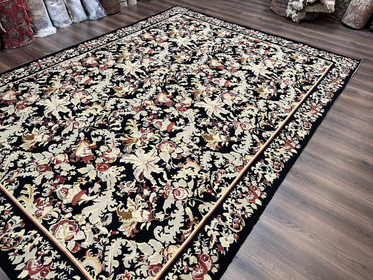 Wool Needlepoint Rug 9x12, William Morris Vintage Chinese Needlepoint Carpet 9 x 12, Handwoven, Allover Floral Area Rug, Black Light Green - Nuvé
