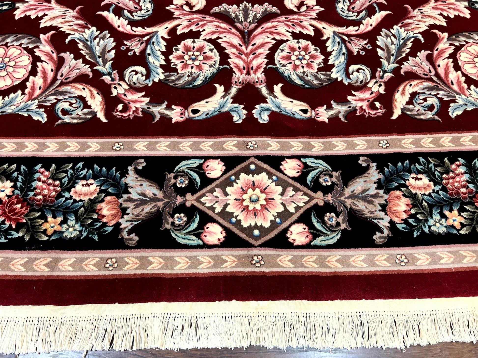 Chinese Aubusson Rug 9x12, Burgundy, Handmade Vintage Wool Carpet, Fine 210 KPSI, Elegant European Design - Nuvé