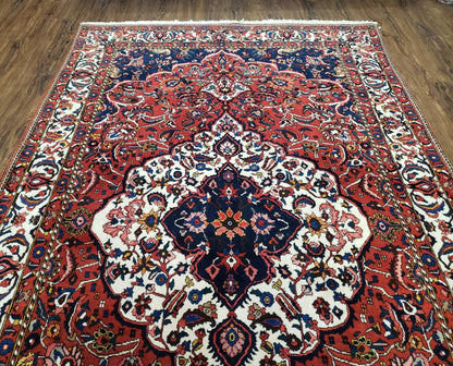 Semi Antique Persian Bakhtiari Rug, Hand-Knotted, Wool, Red, Midnight Blue, Ivory, Floral Medallion, 5'1" x 8' 6" - Nuvé