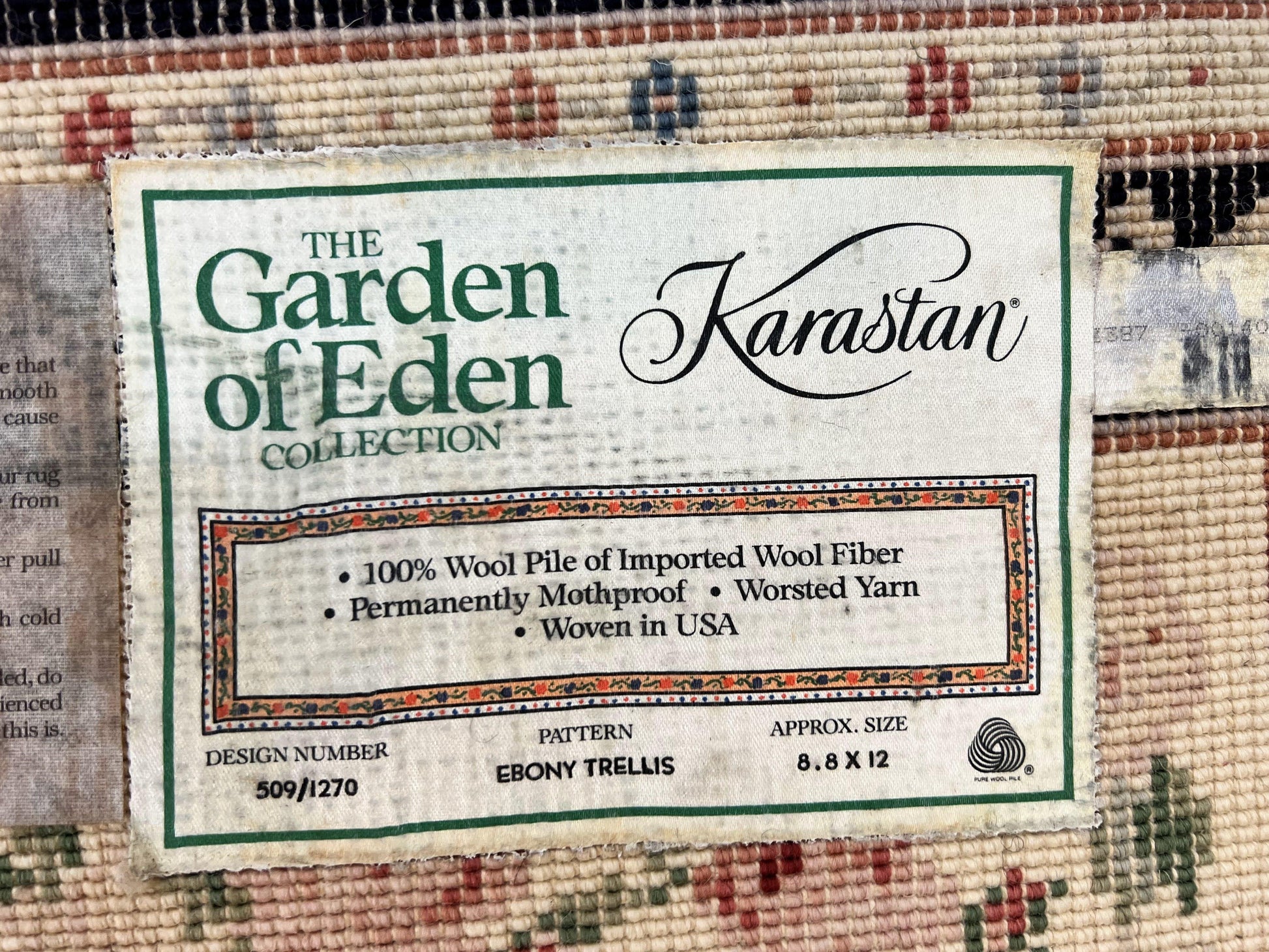 Karastan Rug 8' 8" x 12" Garden of Eden Collection Ebony Trellis #509/1270, Wool Pile Discontinued Vintage Karastan Carpet, Room Sized Rug - Nuvé
