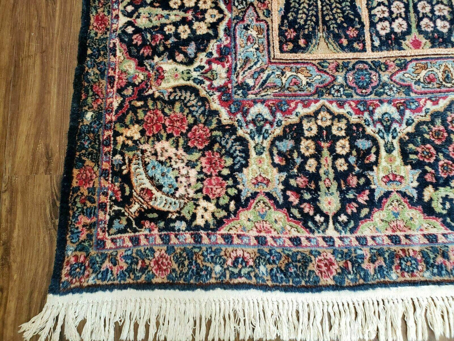 Persian Rug 10x15, Authentic Oriental Carpet 10 x 15, Wool Area Rug Panel Design Hand-Knotted Vintage Kirman Yazd Rug, Dark Blue and Beige,  Floral - Nuvé