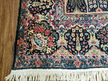 Persian Rug 10x15, Authentic Oriental Carpet 10 x 15, Wool Area Rug Panel Design Hand-Knotted Vintage Kirman Yazd Rug, Dark Blue and Beige,  Floral - Nuvé