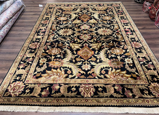 Indo Mahal Sultanabad Rug 8x11, Vintage Indian Oriental Carpet, Wool Handmade Floral Rug 8 x 11 ft, Black Beige Tan, Large Flowers Allover - Nuvé