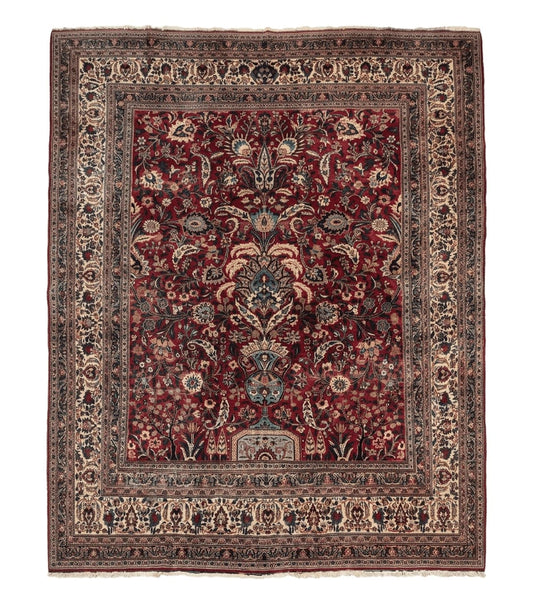 Antique Persian Mashad Rug 10x12, Red and Ivory, Signed by Master Weaver