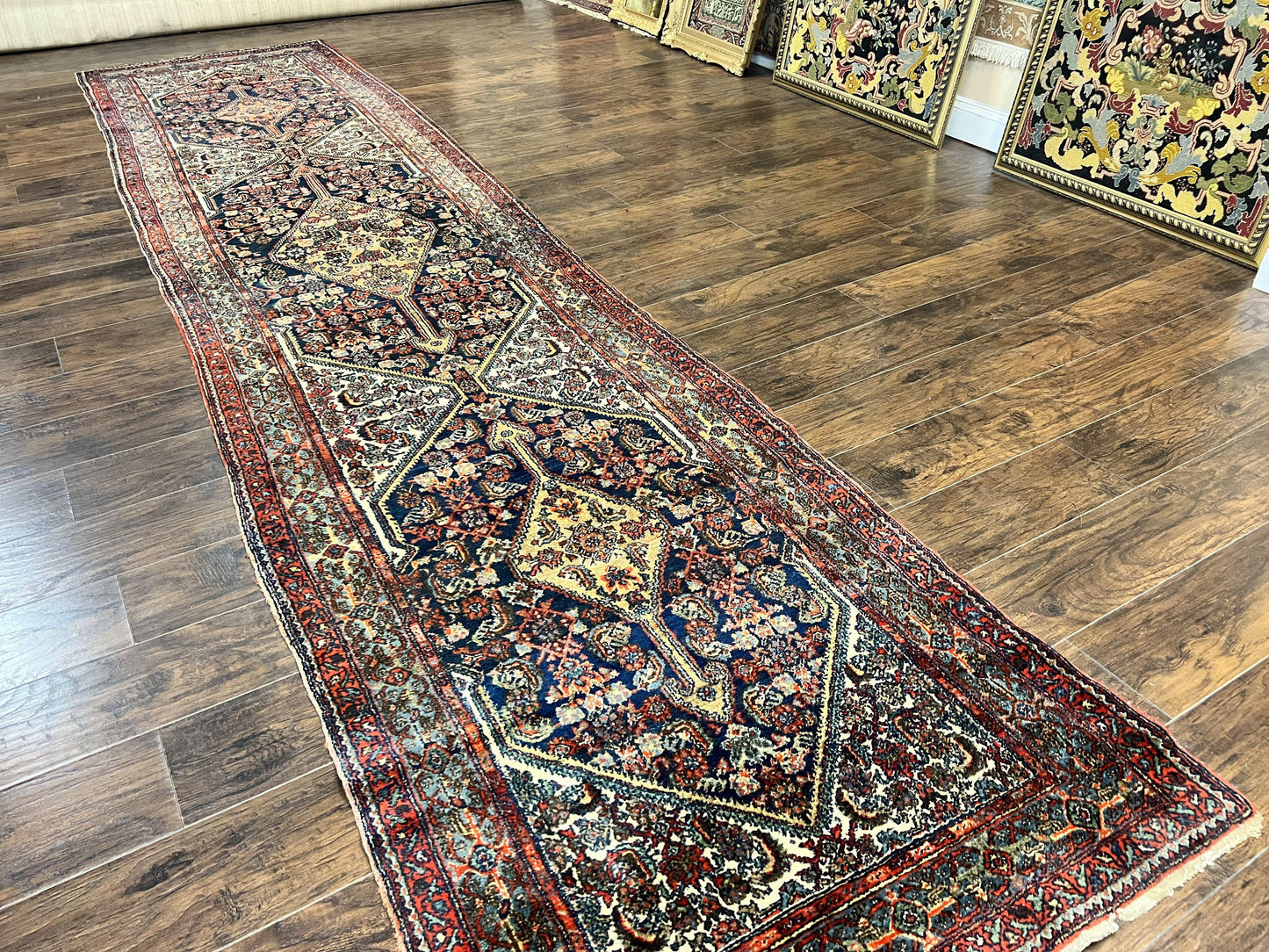 Antique Persian Runner Rug 3.7 x 15.8, Navy Blue Multicolor, Hand Knotted Handmade Wool Rug for Hallway, Geometric Medallions, Persian Hamadan Rug - Nuvé