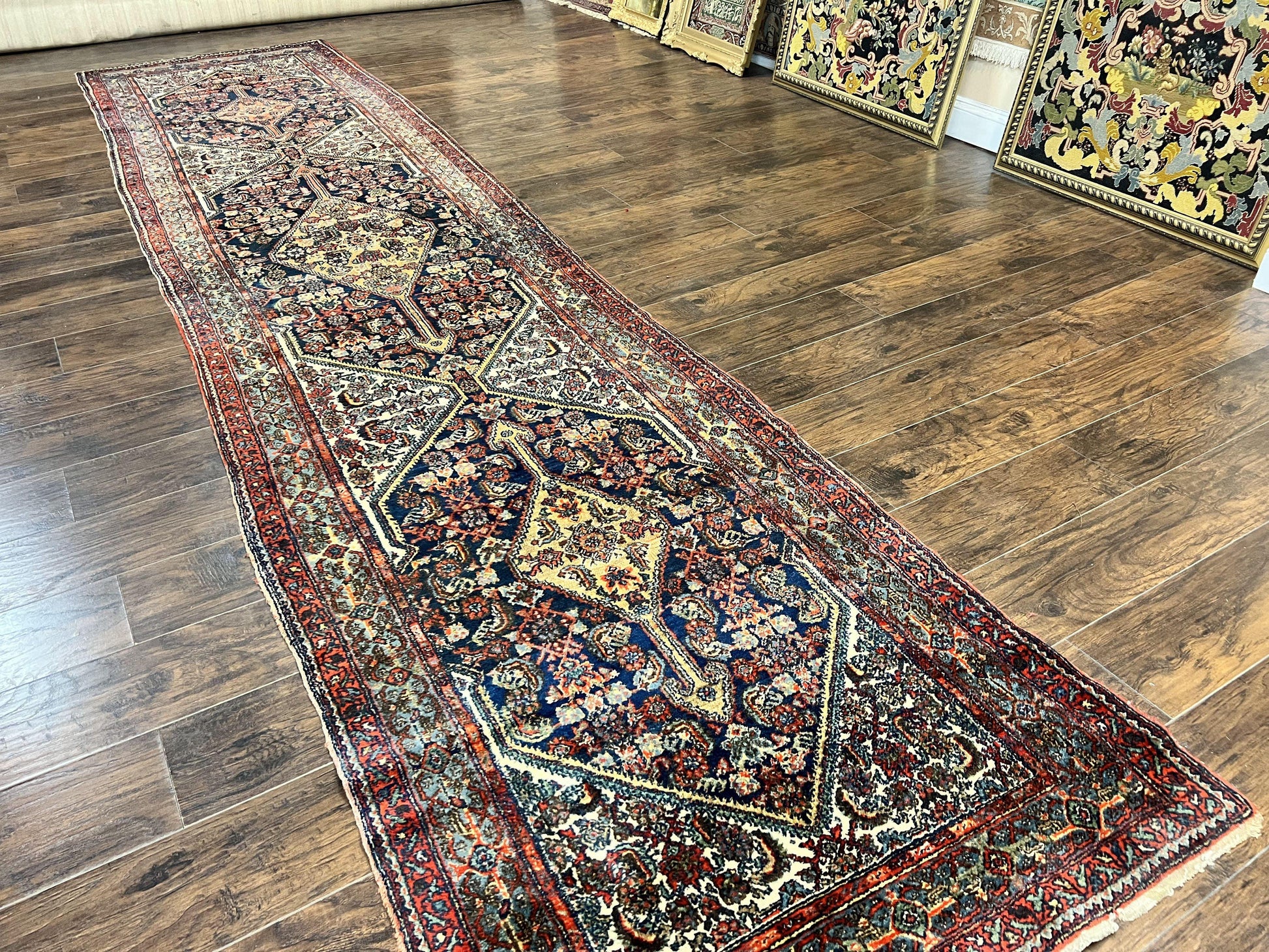 Antique Persian Runner Rug 3.7 x 15.8, Navy Blue Multicolor, Hand Knotted Handmade Wool Rug for Hallway, Geometric Medallions, Persian Hamadan Rug - Nuvé