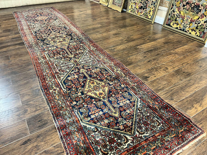 Antique Persian Runner Rug 3.7 x 15.8, Navy Blue Multicolor, Hand Knotted Handmade Wool Rug for Hallway, Geometric Medallions, Persian Hamadan Rug - Nuvé
