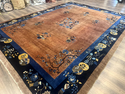 Antique Chinese Wool Rug 9x12, Light Brown and Navy Blue, Fete Peking Art Deco - Nuvé